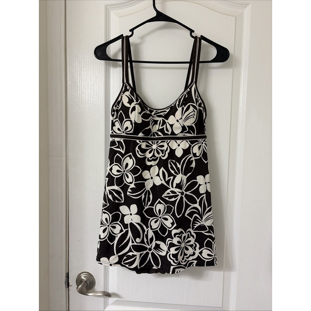 Mainstream Swim Dress Size 12 Brown with White Flowers Built in bra and brief